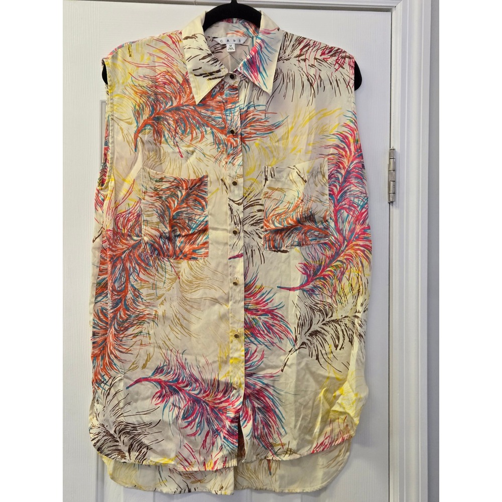 Cabi 100%‎ Silk Sleeveless Button Down Feather Print Blouse Cream Multi Size M